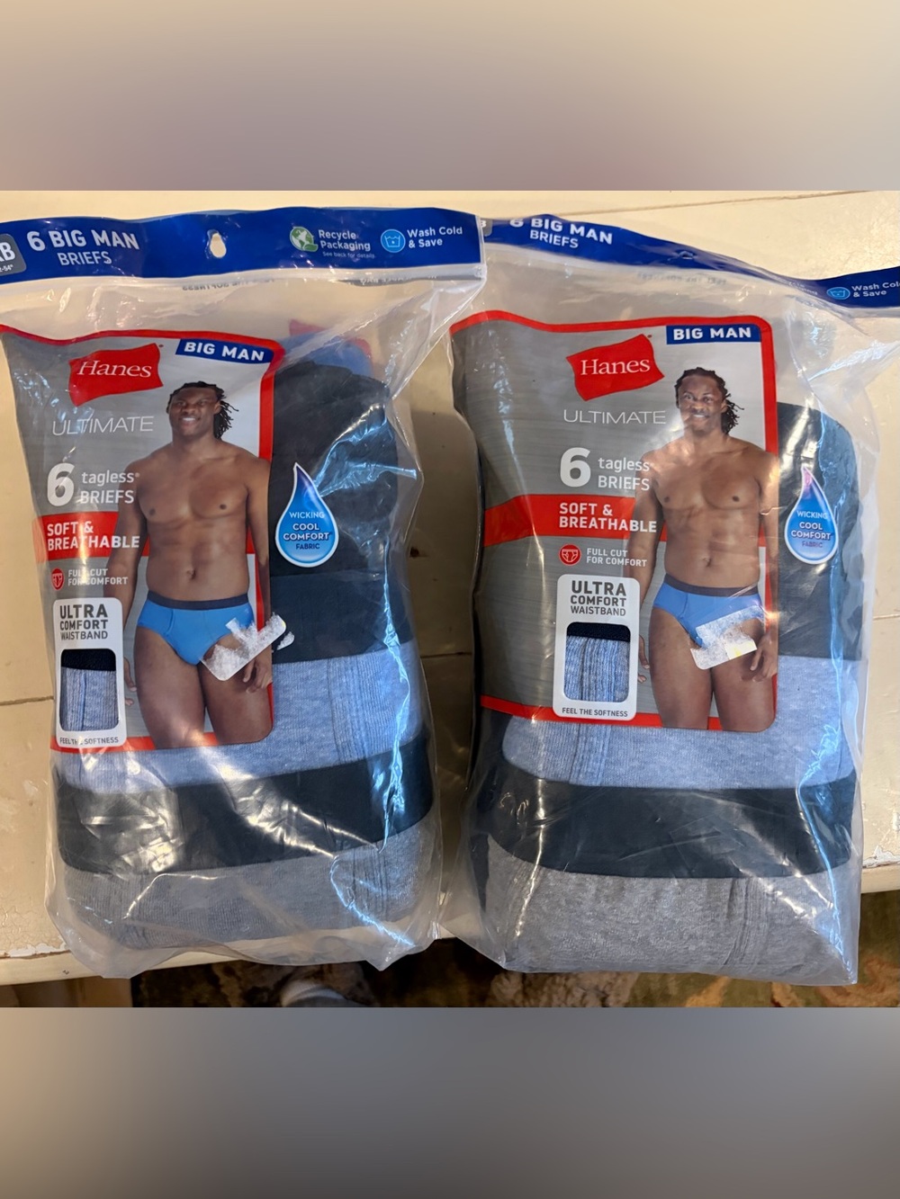 3XB Hanes Big Man 2 6-Pack Ultimate Tagless Briefs — Blue, Gray & Black, NEW